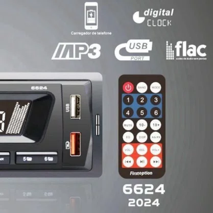 Auto Rádio Som Mp3 Player Bluetooth Fm Usb Controle First Option 6624