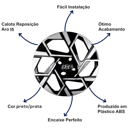 Jogo Calota Aro 15 HB20 2024 Preto e Prata Cubo Padrão