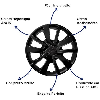 Jogo Calota Aro 15 Sandero Logan 2014 Até 2020 Preto Brilho