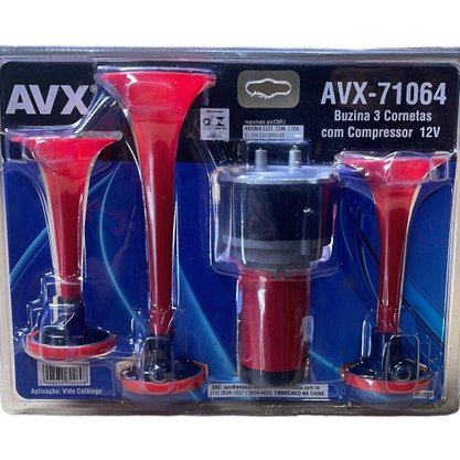 kit Buzina Verdureira Tripla Vermelha Com Mangueira Compressor Rele 12V 
