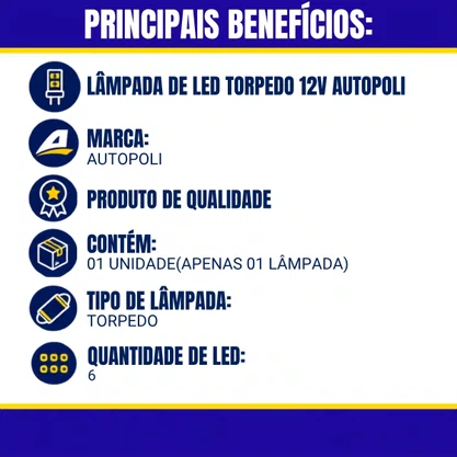 Lâmpada Led Branco Torpedo Pequeno 29 MM Avulso 12V