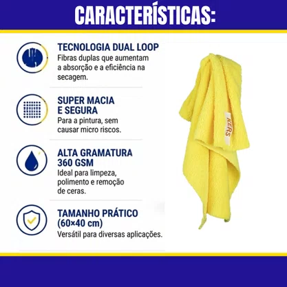 Toalha De Microfibra Dual Loop 60X40CM 360GSM Com Borda Amarela