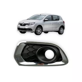 Grade Milha Parachoque Dianteiro Sandero 2015 a 2019 Com Furo e Aro Cromado Lado Esquerdo Motorista 