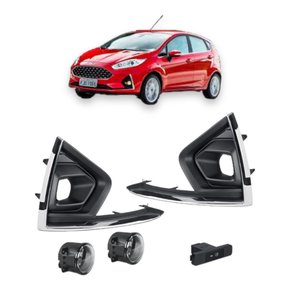 Kit Farol Auxiliar Milha  New Fiesta 2019 a 2021 Com Grades Moldura Cromado Botão Modelo Original 
