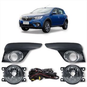 Kit Farol Auxiliar Milha Sandero Logan 2019 a 2021 Com Grade Preta e Aro Cromada Kit Completo