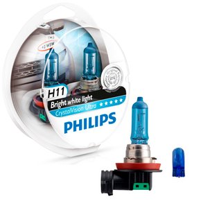 Par Lâmpada Super Branca H11 Crystal Vision Ultra 55W T10 Brinde PHILIPS